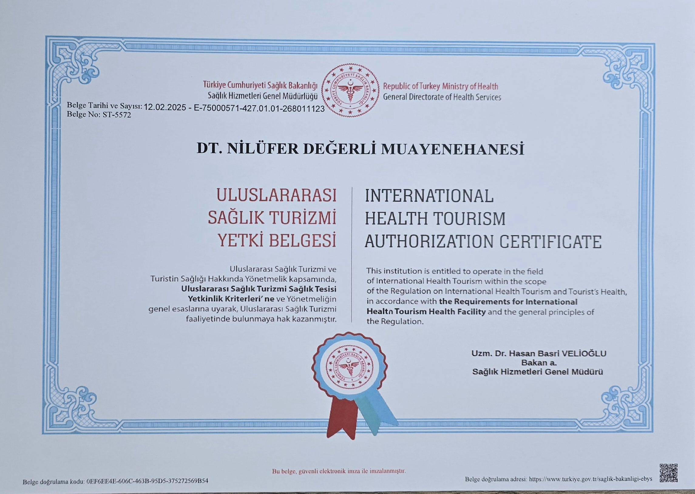 DT.Nilüfer Değerli - Onaylı Sağlık Turizm Sertifikaları 1